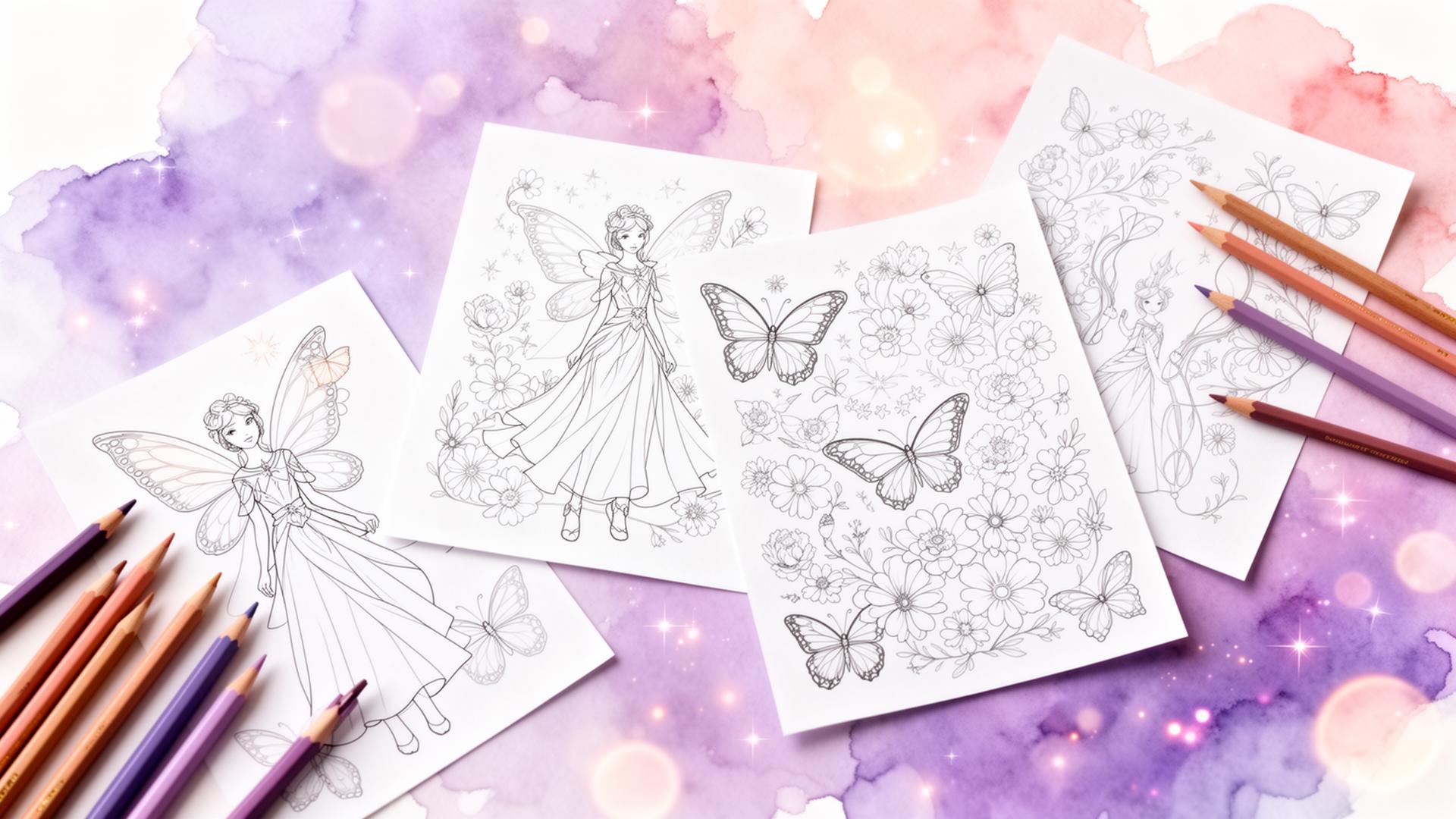 Beautifully illustrated coloring book pages with colored pencils on a pastel watercolor background